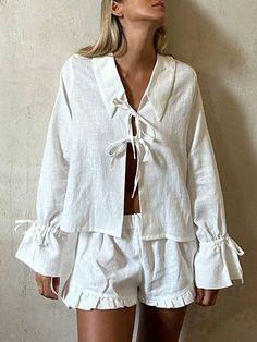 2pcs/Set Plus Size Women Solid Color Belted Long Sleeve Top And Shorts White Casual    Plain  Slight Stretch  Women Plus Clothing, size features are:Bust: ,Length: ,Sleeve Length: Brunch Tops, 2 Piece Short Set, Lantern Sleeved Blouses, Moda Paris, Bow Shirts, Ruffle Pants, Summer Lace, Belted Pants, Tie Front Blouse