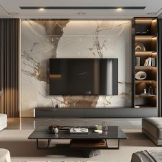 a modern living room with marble walls and furniture