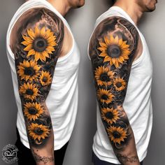 a man with sunflowers on his arm and half sleeve, both in black and white