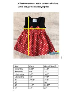 the measurements for a girls dress are shown in red and white polka dot print with yellow trim