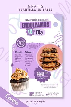 a flyer for an event with food and desserts on the front, in spanish