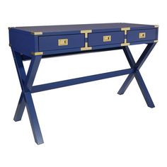 a blue and gold desk with two drawers on one side, an x - leg base