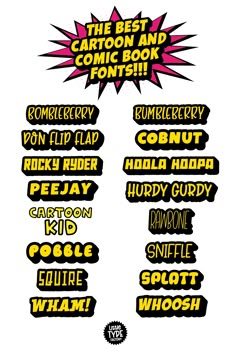 Little Type Factory Cartoon and Comic Fonts! Comics Graphic Design, Comic Style Graphic Design, Comic Graphic Design Style, Comic Title Design, Fonts For Yearbook, Comic Design Layout, Comic Design Ideas, Comic Book Scrapbook, Comic Poster Design