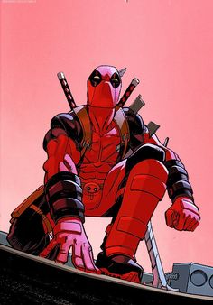 deadpool is sitting on the edge of a boat with swords in his hands and wearing red gloves