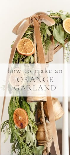 dried orange garland with brass bells on a christmas garland, strung on a bannister Dried Orange Garland, Orange Christmas Tree, Traditional Christmas Decor, Julie Blanner, Scandinavian Christmas Decorations, Orange Christmas, Traditional Christmas Decorations, Dried Oranges, Easy Christmas Decorations