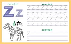 the letter z is for zebra worksheet with an image of a zebra on it