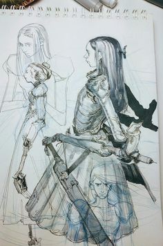 a pencil drawing of two women with swords