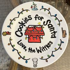 a white plate with the words cookies for santa on it