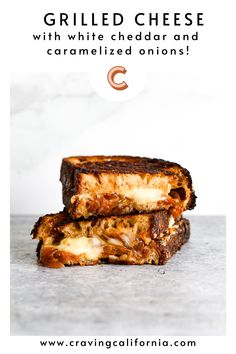 two pieces of grilled cheese with caramelized onion and fig jam are stacked on top of each other