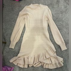 Nwot Great Condition Chic Cream Sweater Dress For Spring, Chic Neutral Mini Dress For Fall, Feminine Beige Winter Dress, Cream Knee-length Mini Dress For Fall, Cream Dress With Ruffle Hem For Fall, Chic Neutral Winter Dress, Chic Neutral Dresses For Winter, Fitted Beige Dress With Ruffle Hem, Feminine Beige Mini Dress For Fall