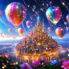 an image of a castle with many balloons in the sky and flowers around it,