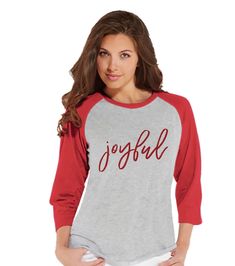 Women's Christmas Shirt - Joyful Shirt - Joy Christmas Shirt - Women's Christmas Gift - Red Raglan Tee - Christmas Gift Idea for Her Family Holiday Outfits, Outdoor Outfits, Baseball Tees For Women, Dinner Party Outfits, Women Bride, Funny Mom Gifts, Funny Shirts Women