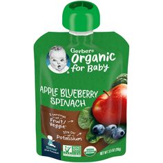 organic baby food pouch with blueberries and apples on the side, for babies to eat