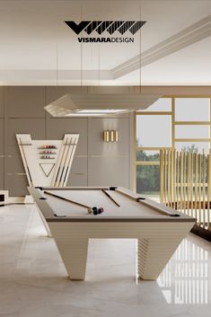 Ivory pool table with pool lamp and cue rack inside a luxury villa. Produced by Vismara Design in Italy Modern Pool Table Room, Modern Billiard Room, Pool Table Room Ideas, Modern Pool Tables, Pool Room Ideas, Billiards Room Decor