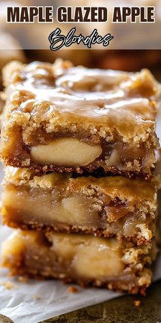 three pieces of apple glazed apple bars stacked on top of each other with text overlay