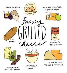 a poster with the words fancy grilled cheese written in black ink on white paper