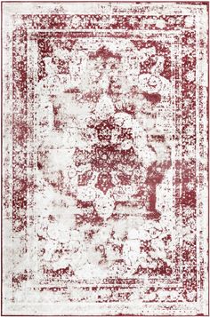 a red and white rug with an ornate design