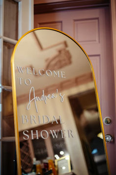 This decal works perfect for a mirror or acrylic welcome sign! Mirror Bridal Shower Sign, Bridal Shower Welcome Sign Mirror, Welcome To Bridal Shower Mirror Sign, Bridal Shower Mirror, Wedding Bathroom Mirror Decal, Gold Mirror Bridal Shower Sign, Mirror Signs, Mirror Writing, Acrylic Welcome Sign