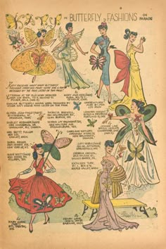 an old fashion book with many different types of women in dresses and accessories on it