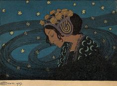 a painting of a woman with stars on her head and hair in the air, against a blue background