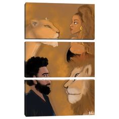 the lion and the woman are facing each other with their faces painted on canvass