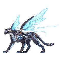 a black cat with blue wings on it's back legs and tail, standing in front of a white background