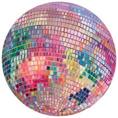 a colorful disco ball is shown against a white background