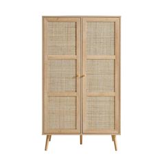 a wooden cabinet with rattan doors and drawers on the front, against a white background