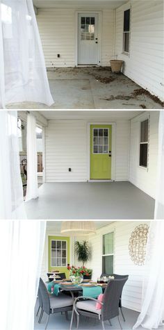 before and after shots of a house with white siding, green door, and patio