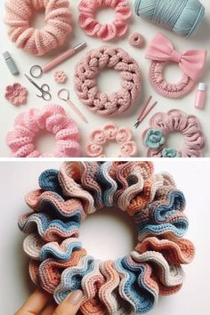 crocheted hair accessories are displayed on a table and in the process of being made