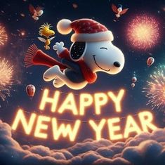 a happy new year card with a dog flying through the air and fireworks in the background