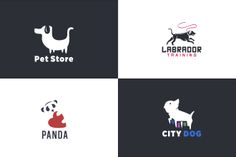 four logos for pet store with dogs and pandas on the front, in different colors