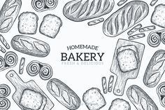 hand drawn breads and buns arranged in a circle with the words homemade bakery