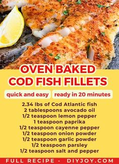 an ad for oven baked fish fillets with lemons and parsley on the side