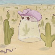 a painting of a white bag with a pink hat sitting in the desert next to cacti