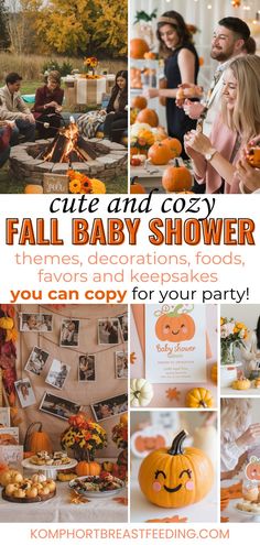 a collage of photos with pumpkins and other things to do for the baby shower