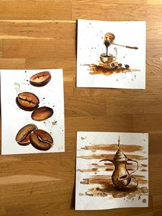 three paintings of coffee beans on white paper