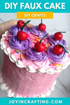 a pink cake with cherries and sprinkles on top is featured in the joying crafting website