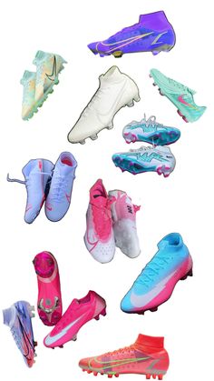 a bunch of different types of shoes on a white background