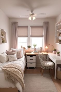 a bedroom with a bed, desk and chair next to a window in the corner