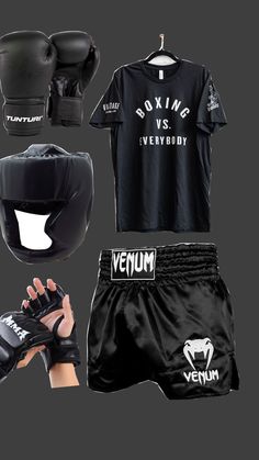 boxing gear including gloves, t - shirt and gloved hand with the words boxing versus everybody written on it