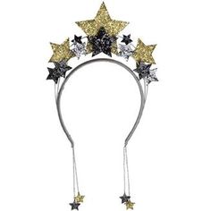 a headband with stars and chains on the side, in gold and silver glitter