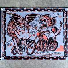 an image of two people riding bikes with dragon on the front and demon on the back