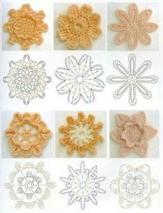 four crocheted flowers are shown in three different colors, each with an intricate design