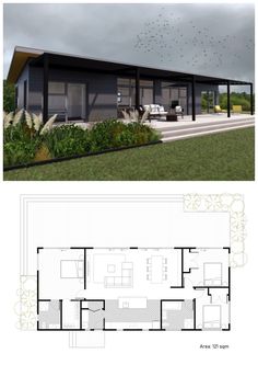 the floor plan for this modern house is shown in two separate sections, with one bedroom and