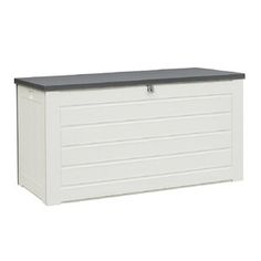 an outdoor storage box with black top and white drawers on the bottom, against a white background