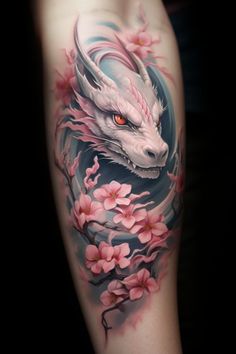 a woman's arm with a dragon and flowers on it