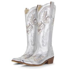 PRICES MAY VARY. 【Classic Style】These Cowboy Boots For Women feature classic embroidery and sparkling rhinestones, along with an almond-shaped toe, giving them a timeless and elegant look. 【All-Day Comfort】The soft synthetic lining wicks away moisture, providing a comfortable and cushioned feel all day long. The flexible rubber outsole of the white cowboy boots women allows for comfortable movement. 【Convenient Design】With a heel height of 1.97 inches, these tall cowgirl boots offer a convenient Silver Boots With Rhinestone Rivets And Round Toe, Silver Round Toe Boots With Rhinestone Rivets, White Cowboy Boots Women, Knee High Cowgirl Boots, Cowgirl Boots For Women, Embroidered Cowgirl Boots, Tall Cowgirl Boots, Classic Embroidery, White Cowboy Boots