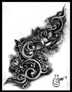 an artistic tattoo design with flowers and swirls