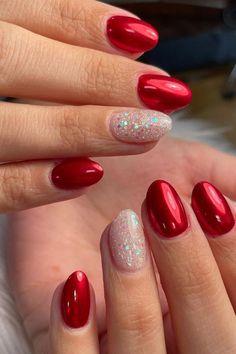 Power Polish Nails, Red Nails With One Glitter Nail, Christmas Red And Silver Nails, Red Chrome And Glitter Nails, Red Sparkle Nail Designs, Christmas Red Sparkle Nails, Red Nails For Winter, Red Chrome Nails Designs Valentines, Red Glitter Valentine Nails